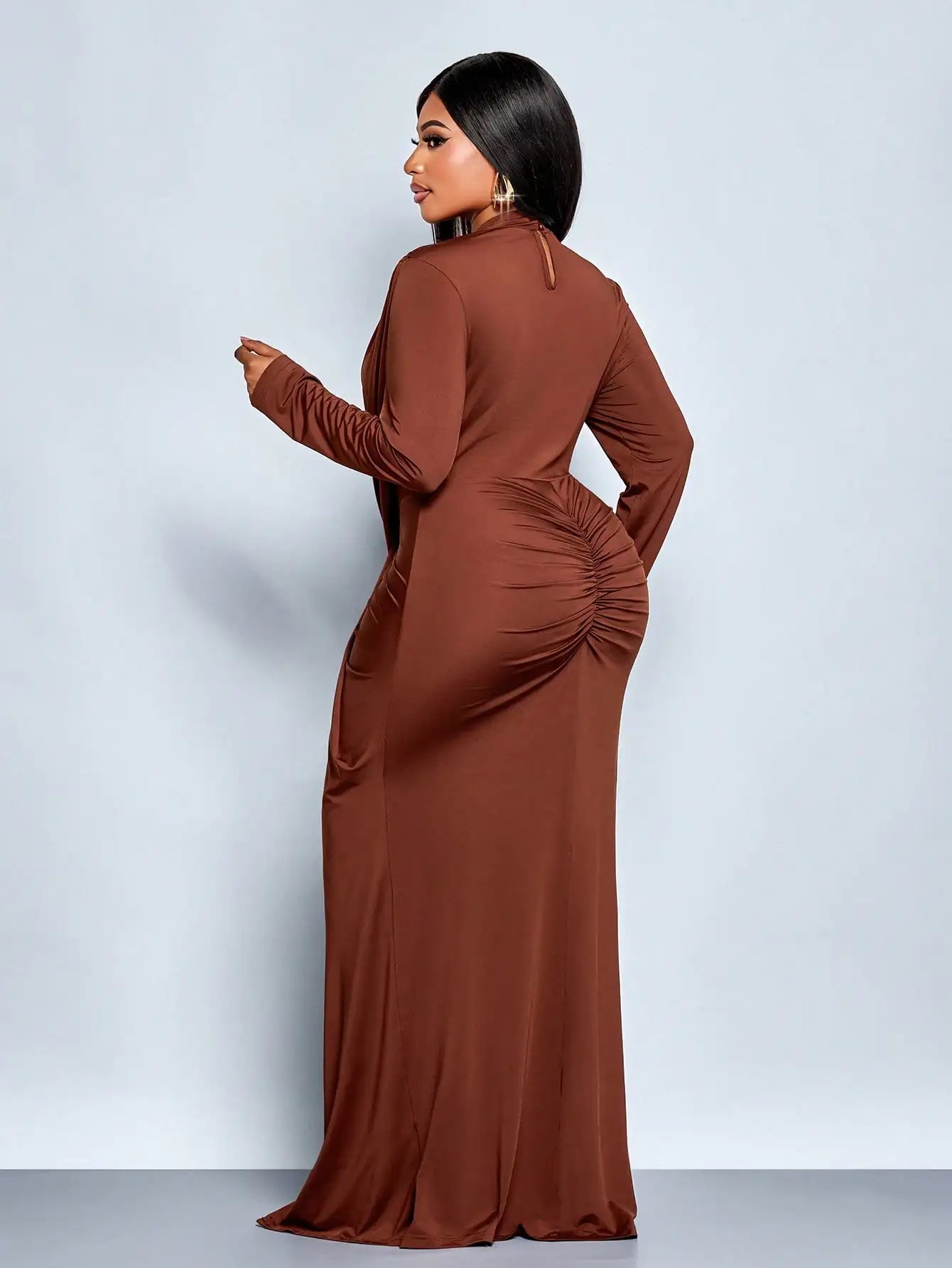 Plus Size Long Sleeve Maxi Dress with High Slit and Draped Detail, Burgundy Formal Evening Gown for Parties or Graduation