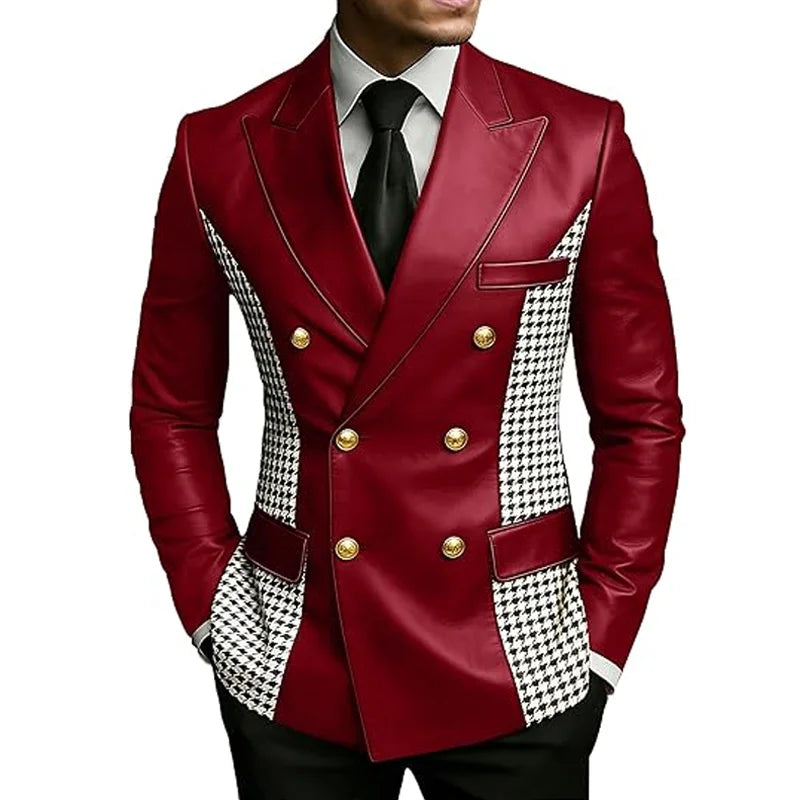 Men’s Brown Leather Blazer With Houndstooth Sides Vintage Two-Tone Double Breasted Slim Fit Gold Buttons Leather Tuxedo Jacket