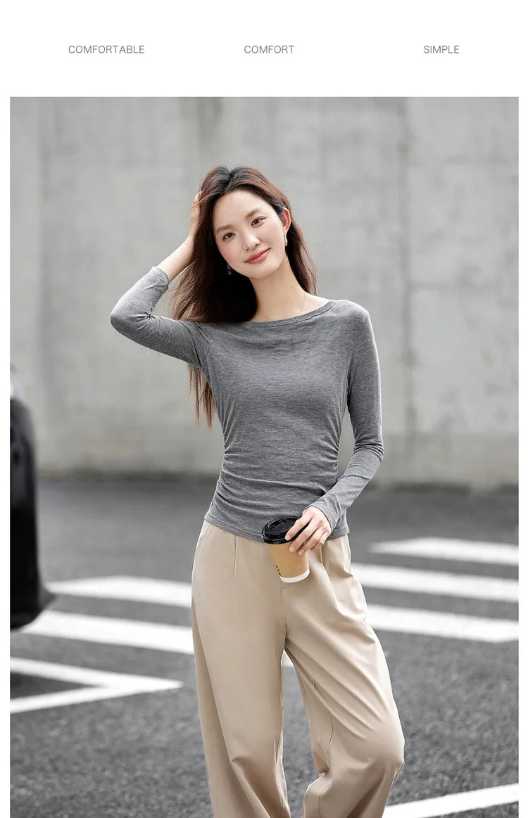 VIMLY Tops Woman 2026 Spring Fall Slash Neck Long Sleeve Ladies T-shirts Casual Knitted Slim Fit Strecth Female Tees A3039
