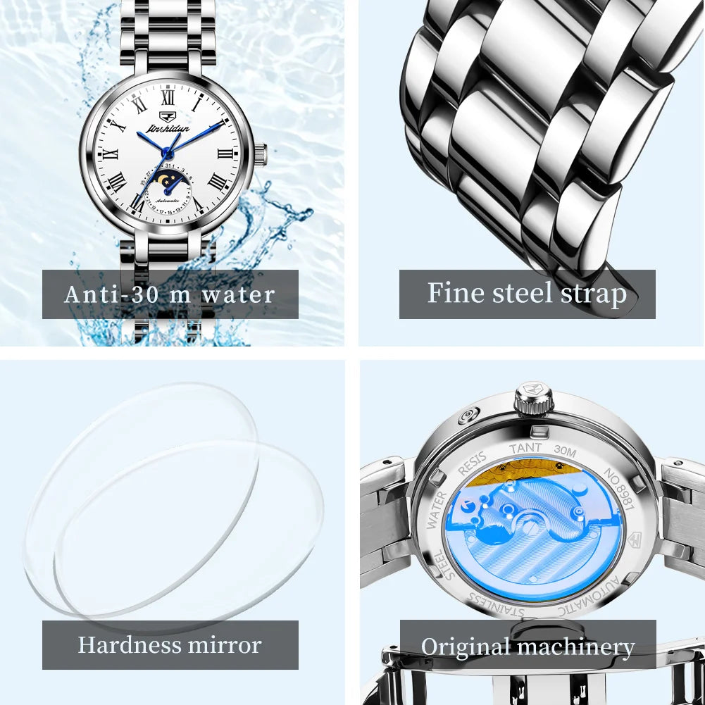 JSDUN 8981 Luxury Elegant Women's Mechanical Watch Classic Waterproof Roman Scale Automatic Women Moonphase Watch Dress Watch