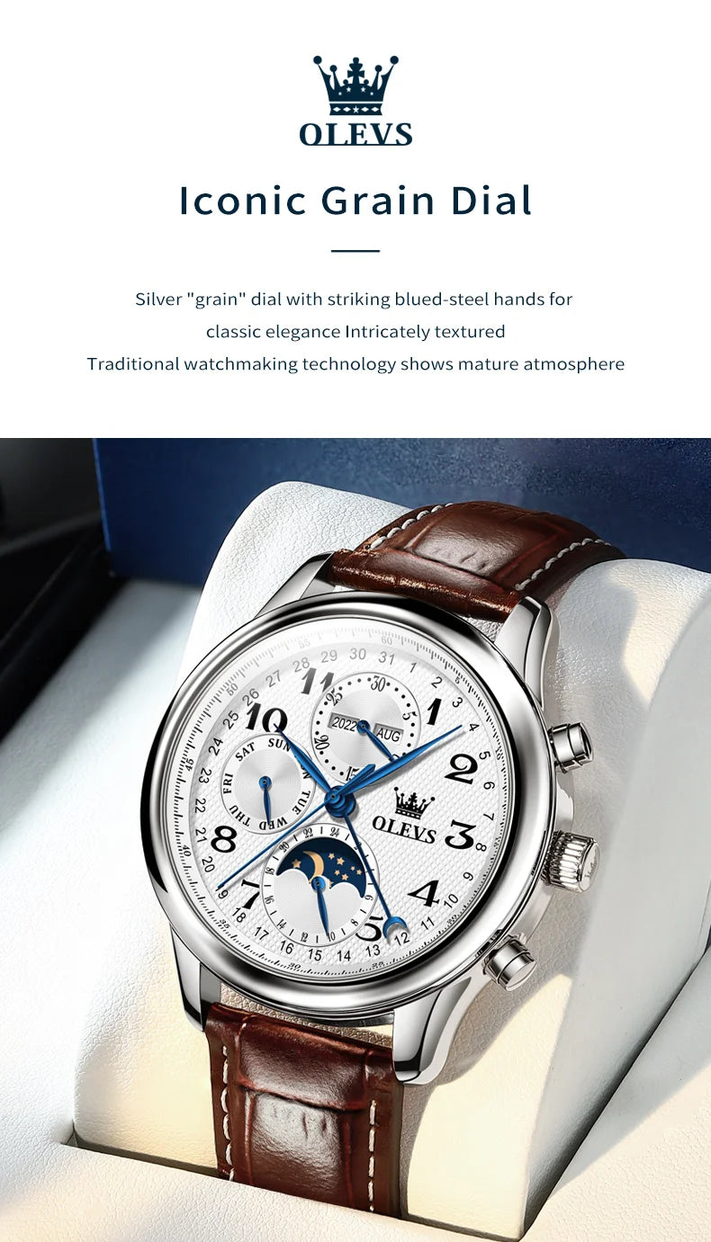 OLEVS Original Men's Automatic Wristwatch Moon Phase Calendar Waterproof Stainless Steel Leather Strap Mechanical Watch for Men