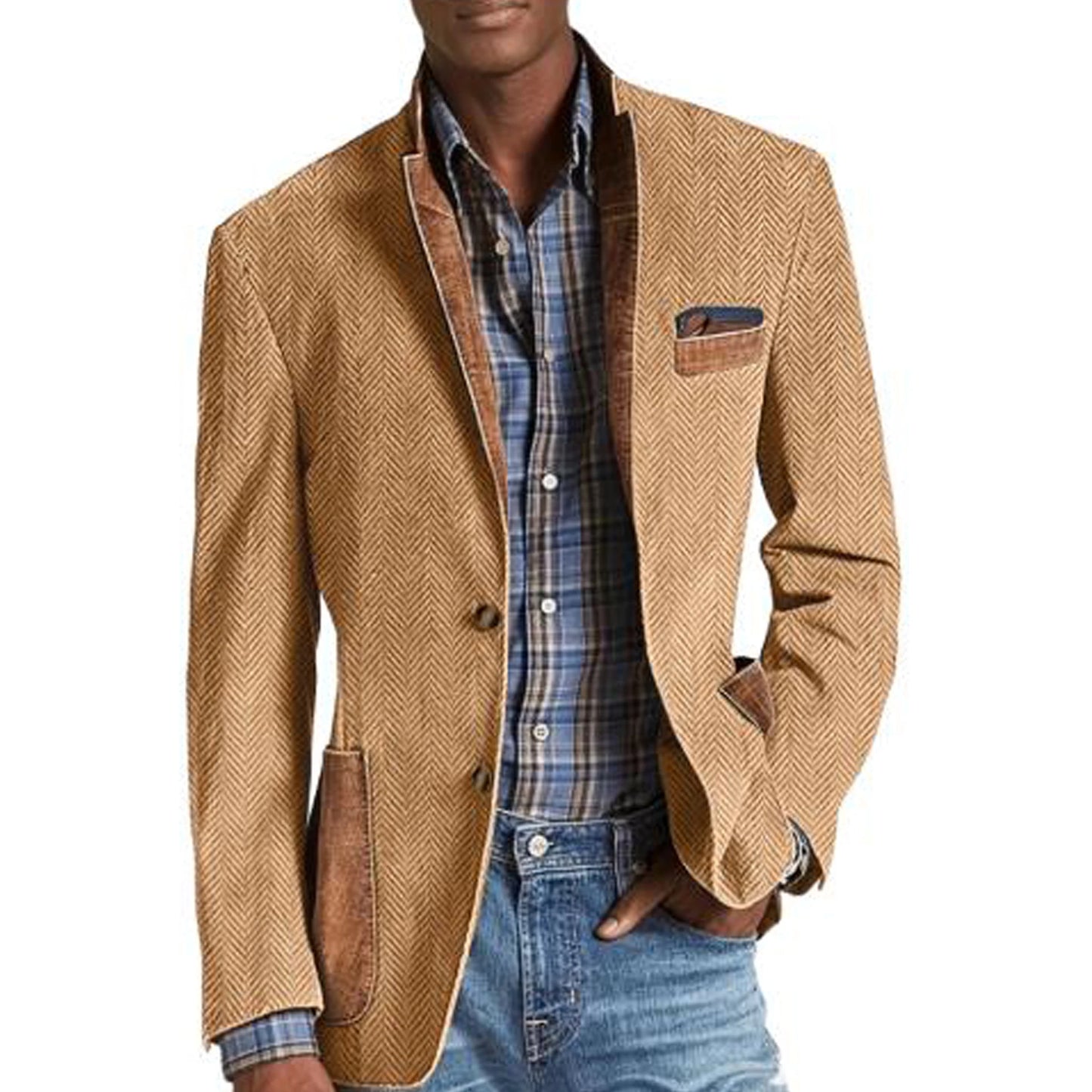 Vintage Men's Herringbone Blazer Casual Patchwork Suede Trim Notched Collar Suit Jacket Slim Fit Fashion Business Sport Coat