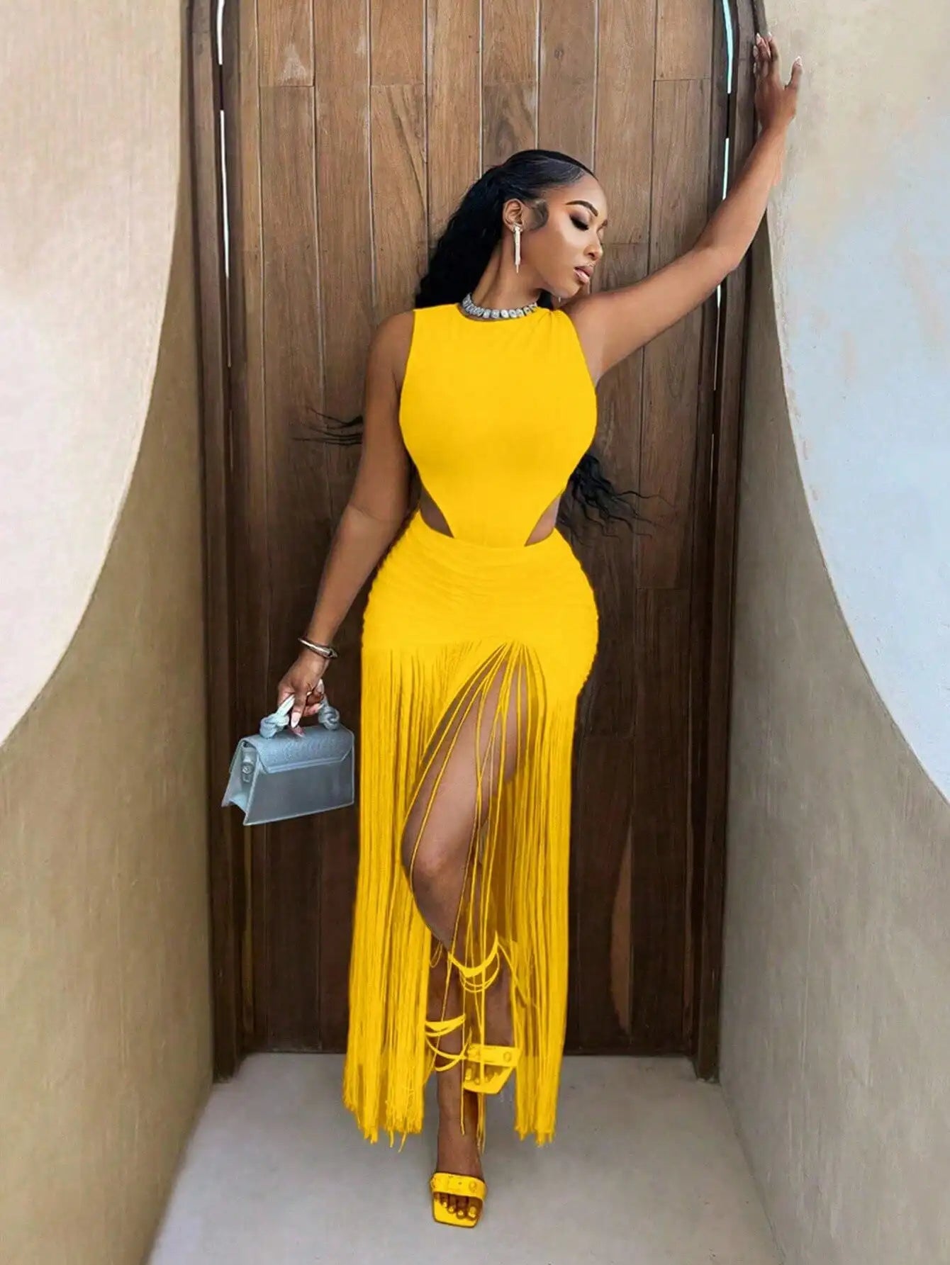 White Sleeveless Cut-Out Bodysuit with Fringe Skirt Set for Summer