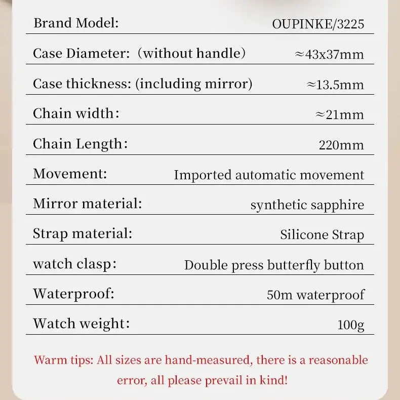 OUPINKE 3225 Women's Watch Luxury Brand All Diamond Automatic Mechanical Watch Classic Silicone Waterproof Elegant Women's Watch