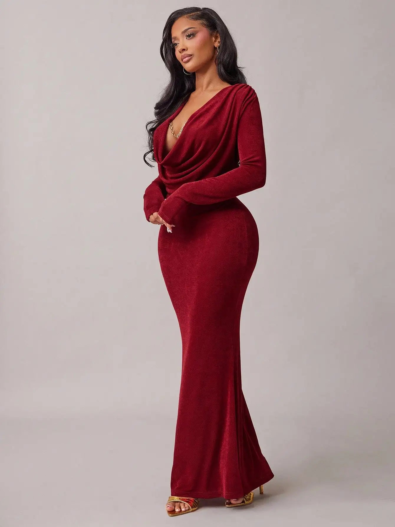 Burgundy Draped V-Neck Long Sleeve Fishtail Maxi Dress for Women - Elegant Party, Date & Formal Occasions