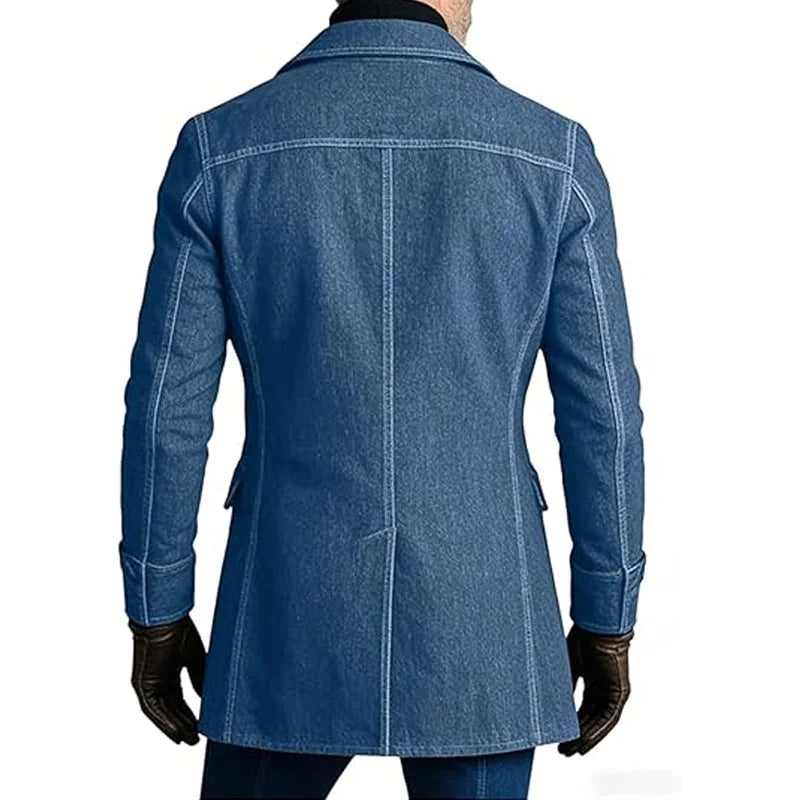 1940s Men's Washed Denim Trench Coat Mid Length Vintage Slim Fit Notched Lapel Faded Jean Coat For Business Casual Daily Wear