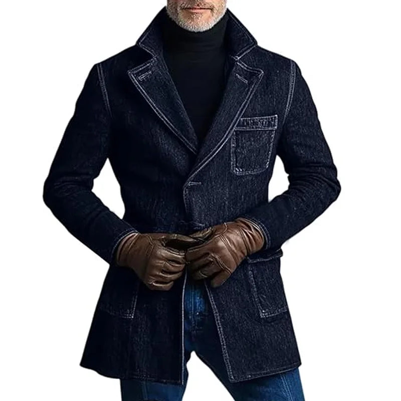 1940s Men's Washed Denim Trench Coat Mid Length Vintage Slim Fit Notched Lapel Faded Jean Coat For Business Casual Daily Wear