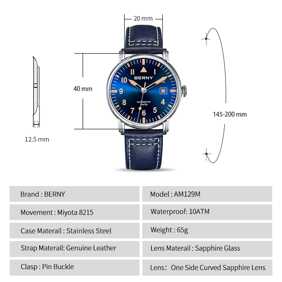 BERNY Aviation Automatic Watch Men Mechanical Luminous Army Military Classic Watch Sapphire Waterproof 100m Diver Wristwatch Men