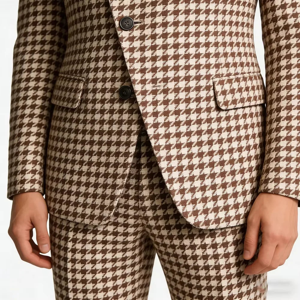 Elegant Men's Houndstooth Suit 2 Piece Mandarin Collar Slim Fit Fashion Jacket Pants Vintage Male Set For Formal Business Weddin