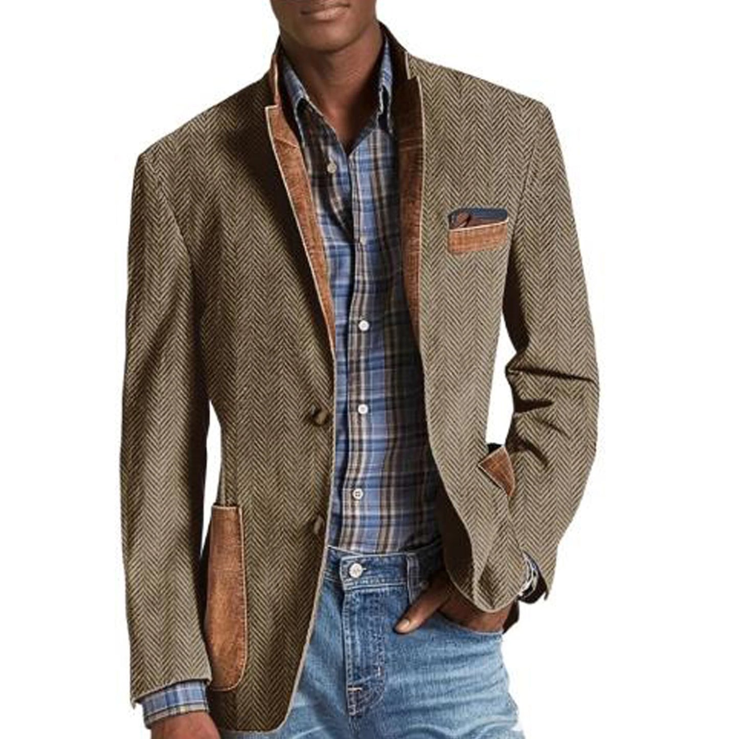 Vintage Men's Herringbone Blazer Casual Patchwork Suede Trim Notched Collar Suit Jacket Slim Fit Fashion Business Sport Coat