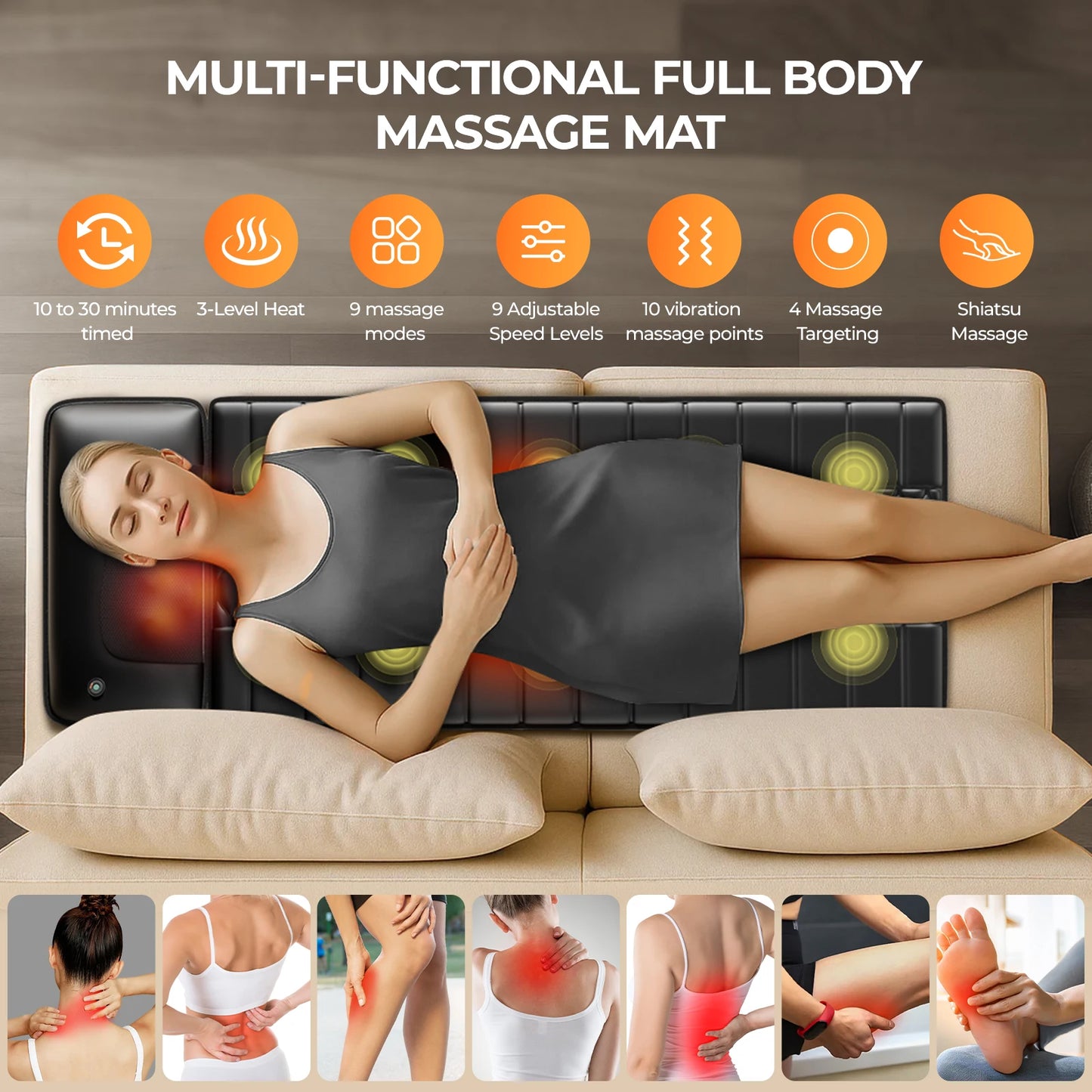 Shiatsu Full Body Massage Mat with Heat, Detachable Massager Pad, 10 Vibrating Motors, 9 Intensity Levels, Relax at Home Office