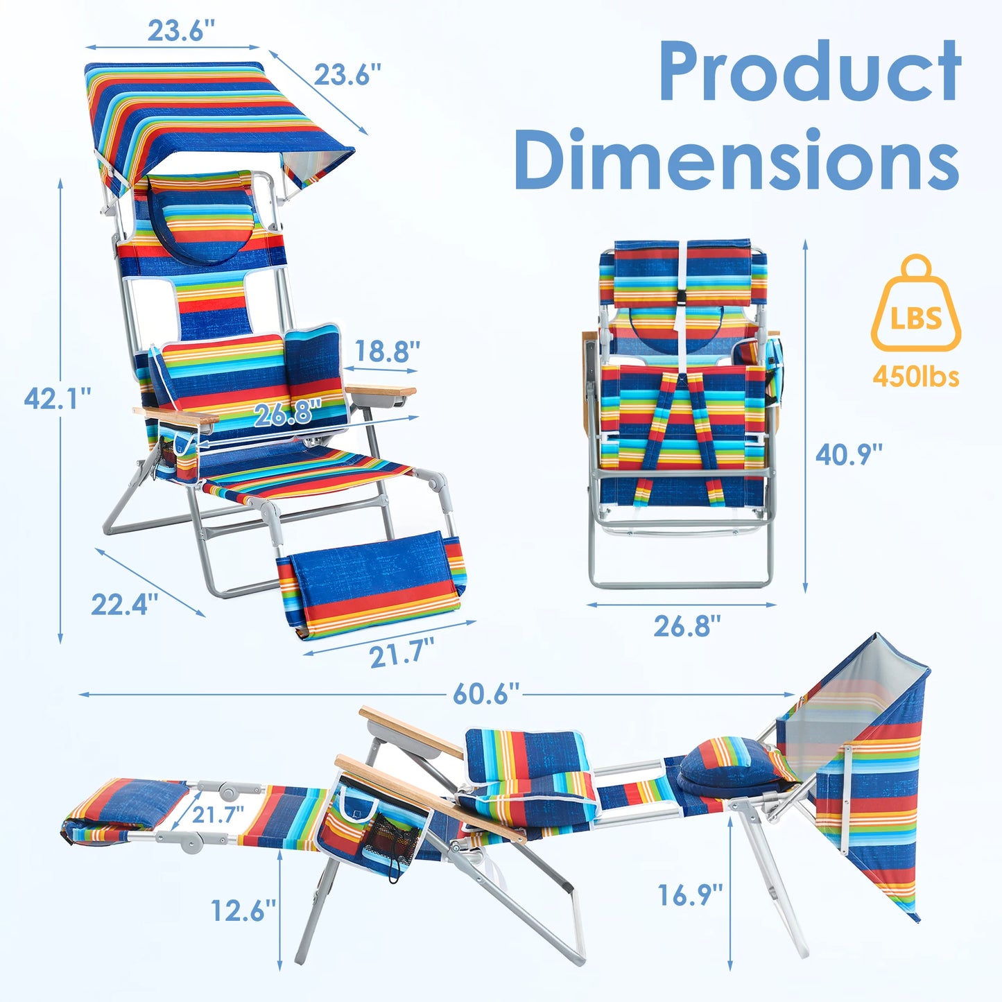 TCGBKAF Backpack Beach Chair with 5-Position Footrest Sunbathing Lounge Chair with Canopy for Pool&Beach&Lawn Double Shoulder Straps Folding Tanning Chair with Face&Arm Hole