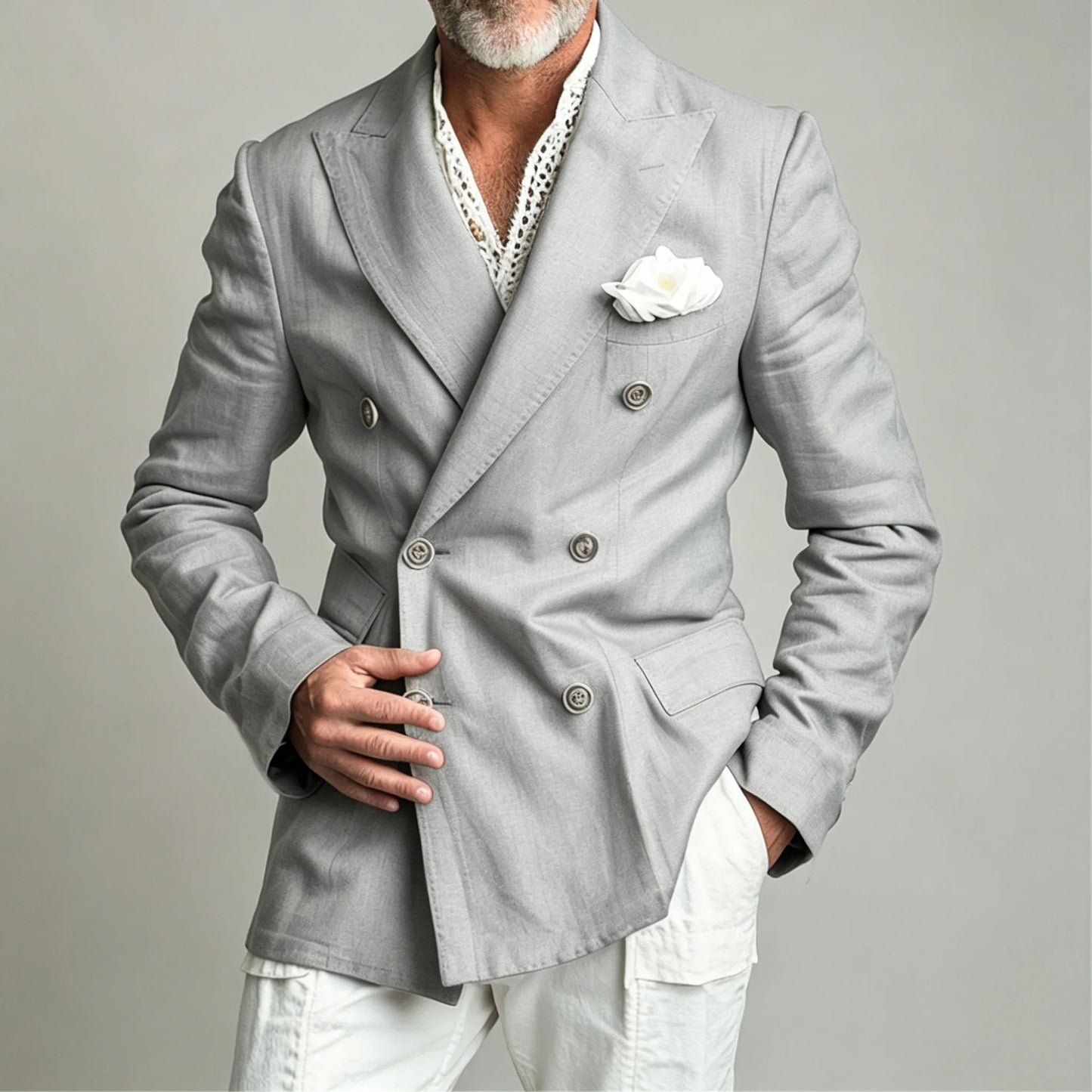 Men's Chic Peak Lapel Linen Blazer Double Breasted Slim Fit Formal Suit Jacket Summer Business Wedding Party Beach Daily Coat