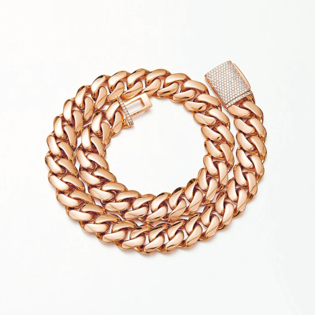 14-22mm Rose Gold  Stainless Steel Cuban Miami Link Chain Iced Out CZ Box Clasp Necklace Fashion Hip Hop Unisex Jewelry (1PC)