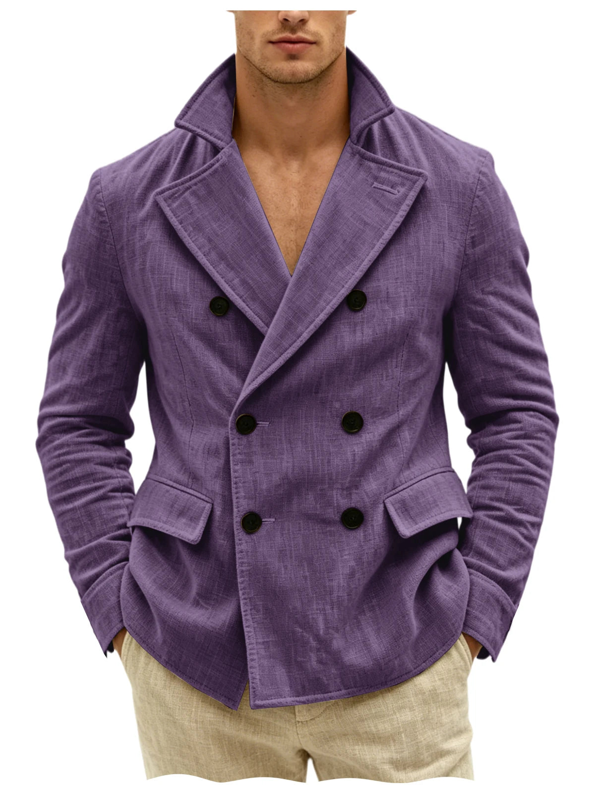Men's Khaki Linen Blazer Double Breasted Peaked Lapel Lightweight Breathable Soft Cool Casual Formal Sport Coat For Summer Beach