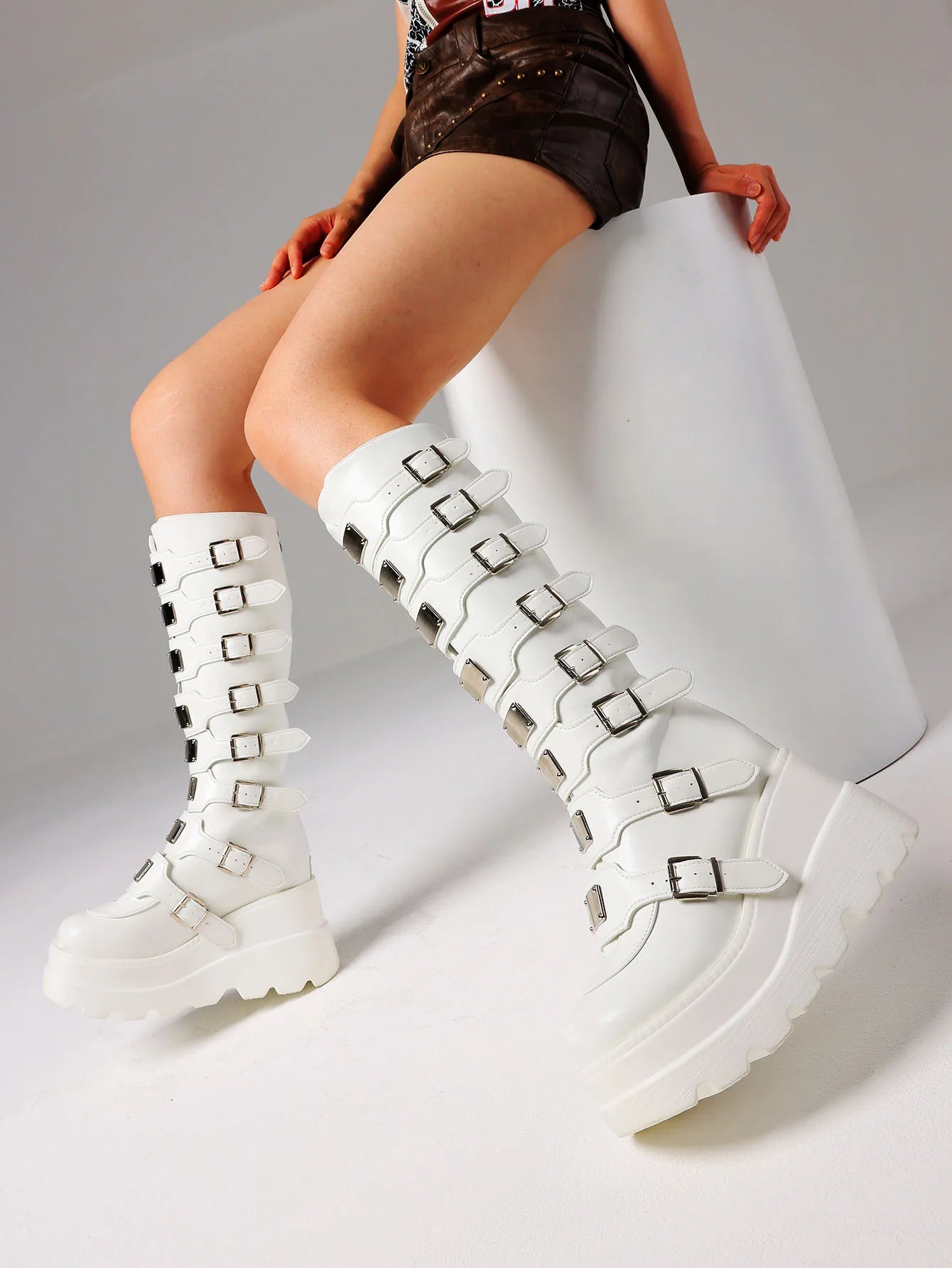 Women's Y2K Goth Knee High Boots Fashion Cosplay Punk Metal Buckle Wedges High Heels Back Zipper Round Toe Platform fall Boots