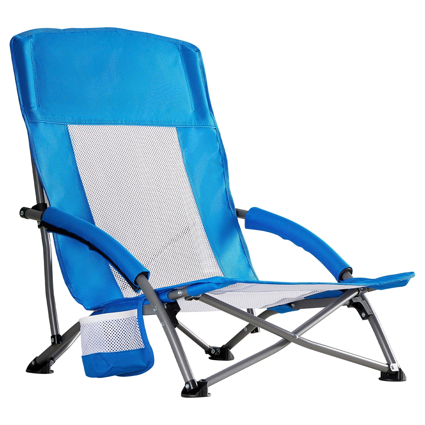 MCQ Outdoor Folding Low Beach Chair Collapsible Padded with Cup Holder Storage Bag Mesh Back Portable Camping Chair for Garden