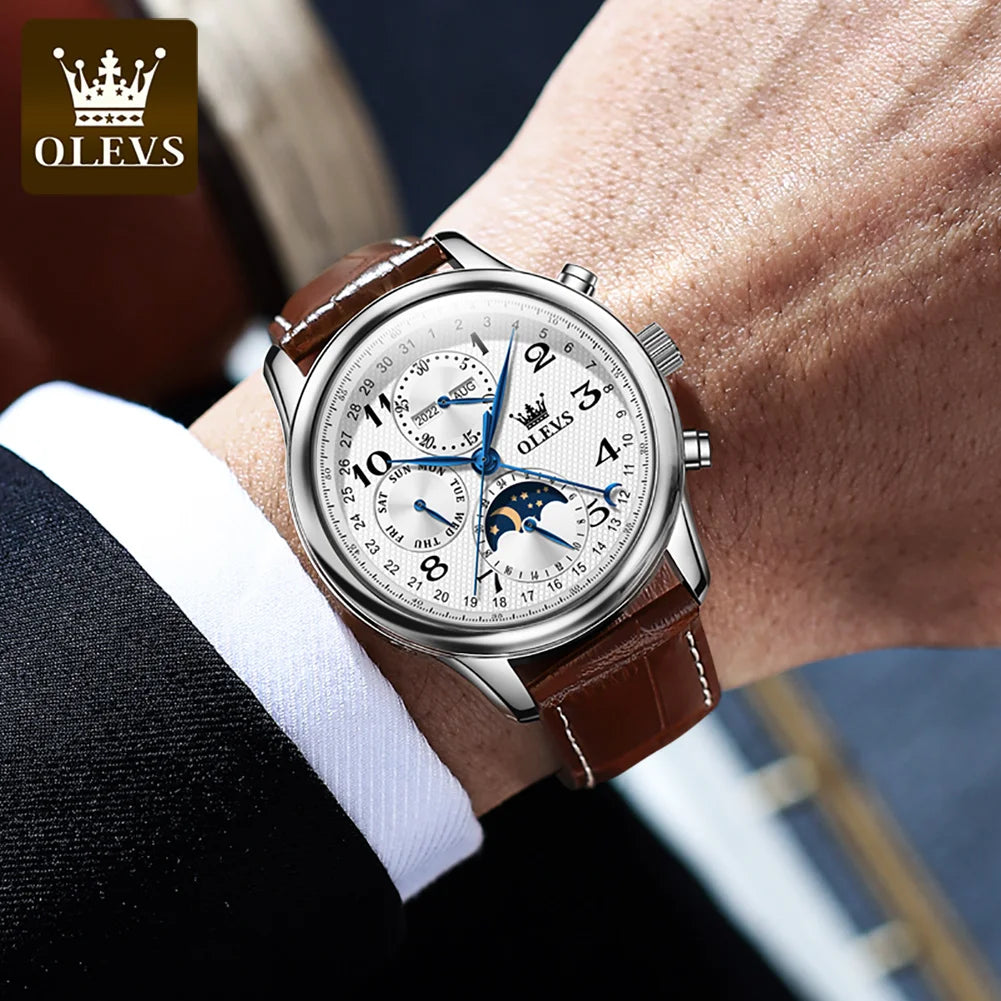 OLEVS Original Men's Automatic Wristwatch Moon Phase Calendar Waterproof Stainless Steel Leather Strap Mechanical Watch for Men