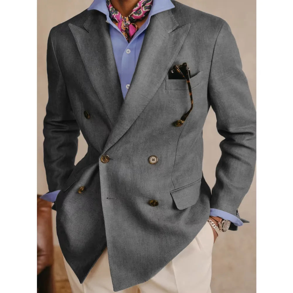 Men's Cotton Linen Blazer Vintage Double Breasted Slim Fit Peak Lapel Breathable Lightweight Summer Formal Jacket Business Casua