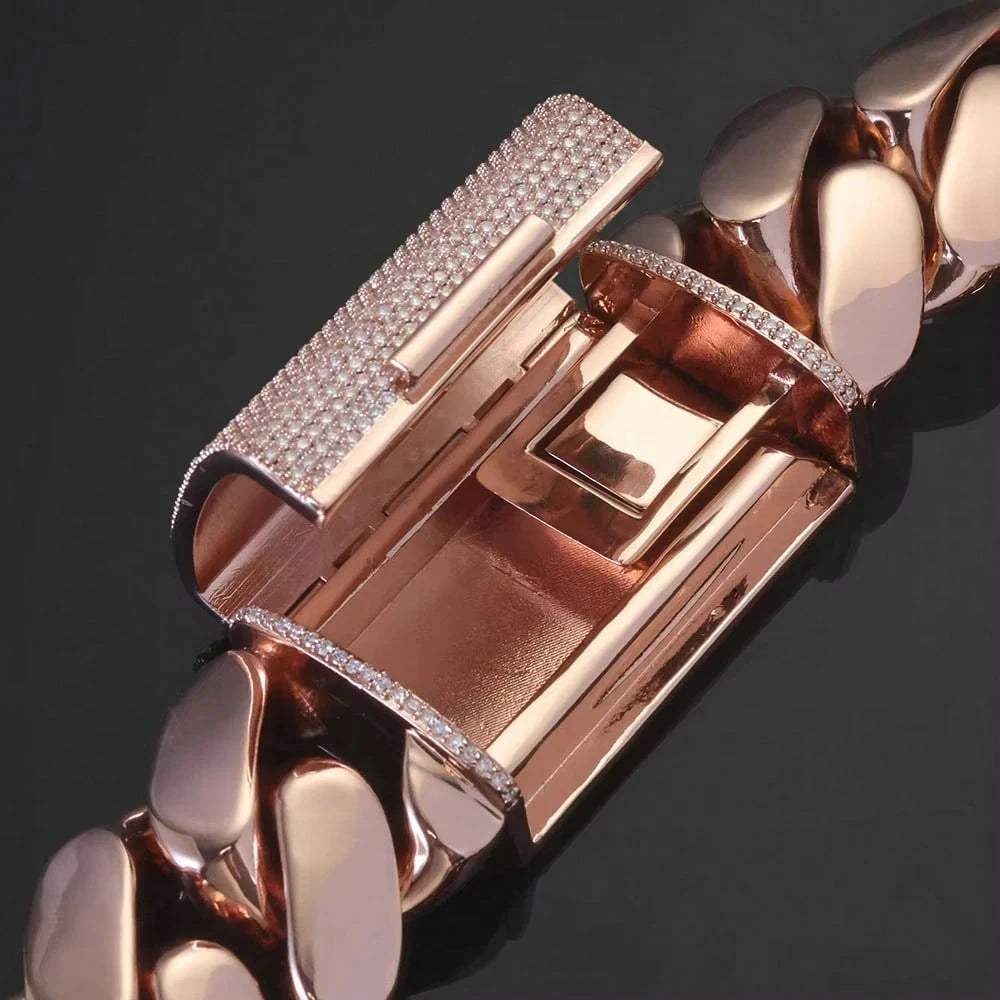 14-22mm Rose Gold  Stainless Steel Cuban Miami Link Chain Iced Out CZ Box Clasp Necklace Fashion Hip Hop Unisex Jewelry (1PC)