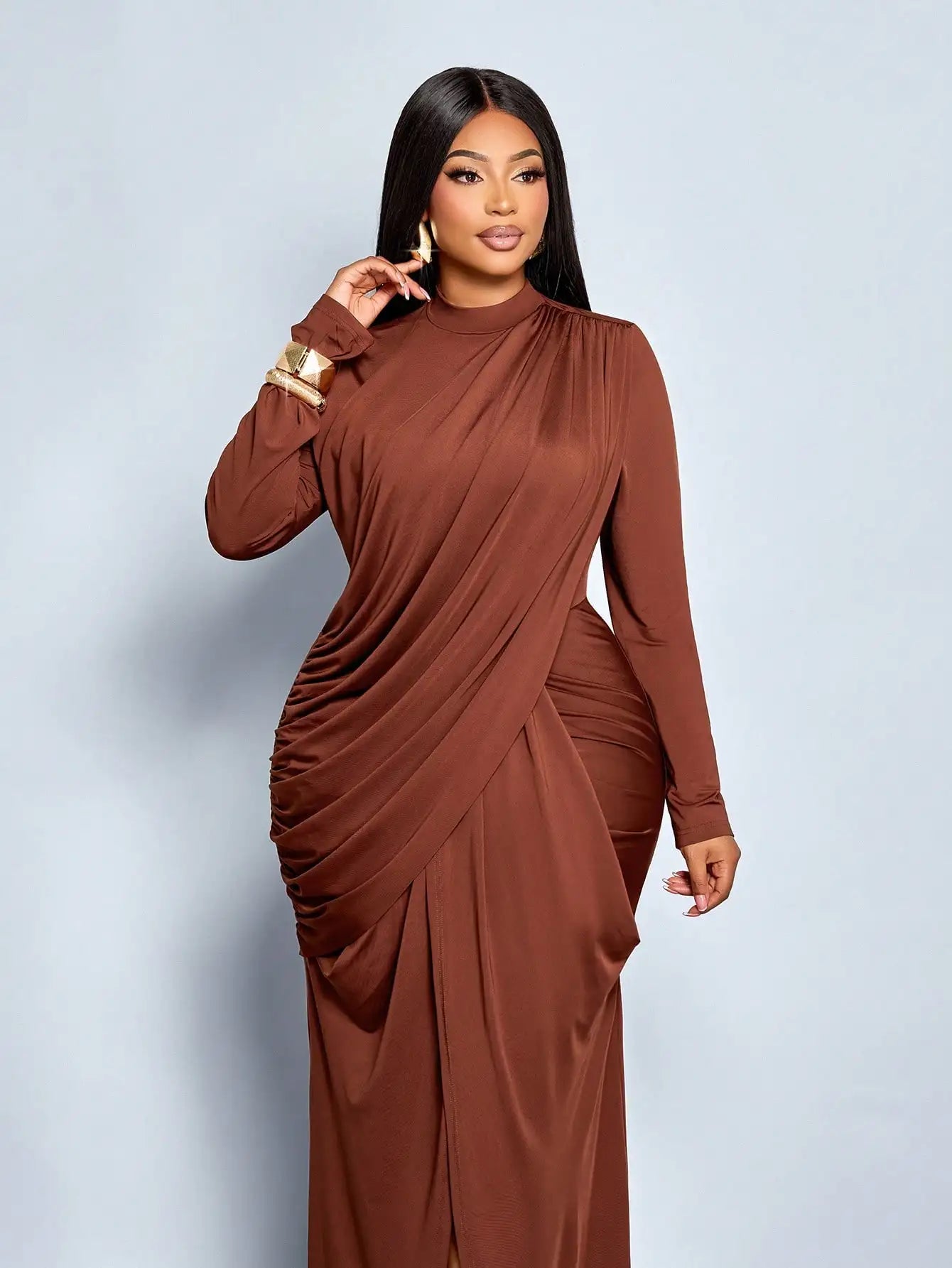 Plus Size Long Sleeve Maxi Dress with High Slit and Draped Detail, Burgundy Formal Evening Gown for Parties or Graduation