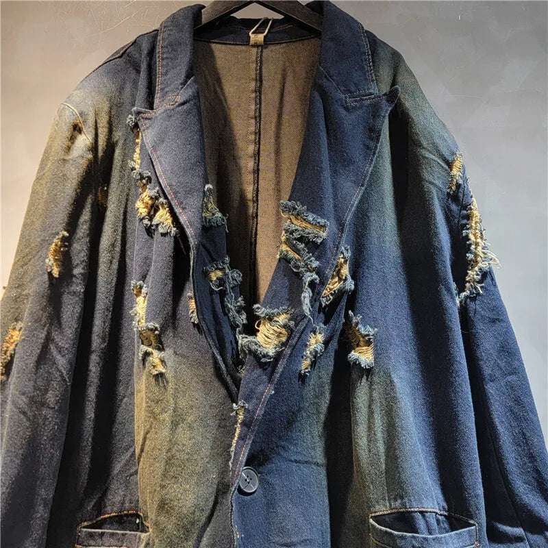 WTHT Vintage Fashion Women's Broken Hole Denim Coat 2024 Winter Trendy Turn-down Collar Long Sleeves Jacket Female 1LS439