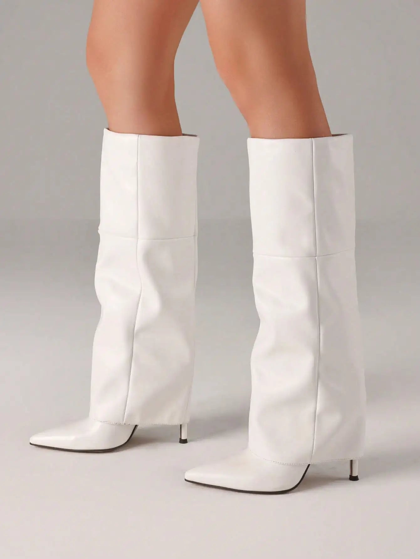 Women's Sexy Fold Over Knee High Shark Boots Fashion Pointed Toe Stiletto High Heels Pleated Party Dress Elegant Boots Woman