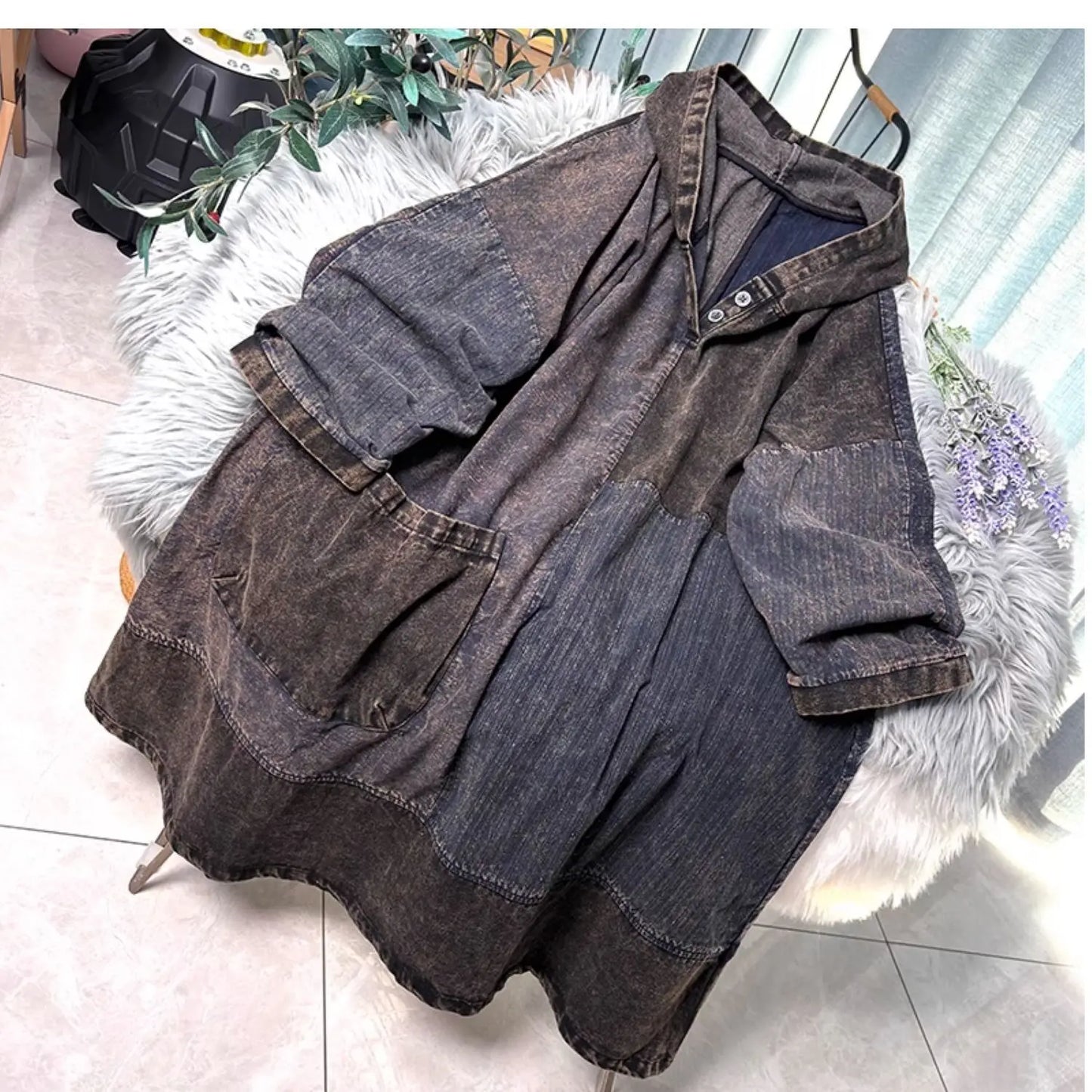 Chinese Style Personalized Old Fabric Denim Patchwork Hooded Vintage Loose Long Sleeved Dress Women Spring Autumn MCP008