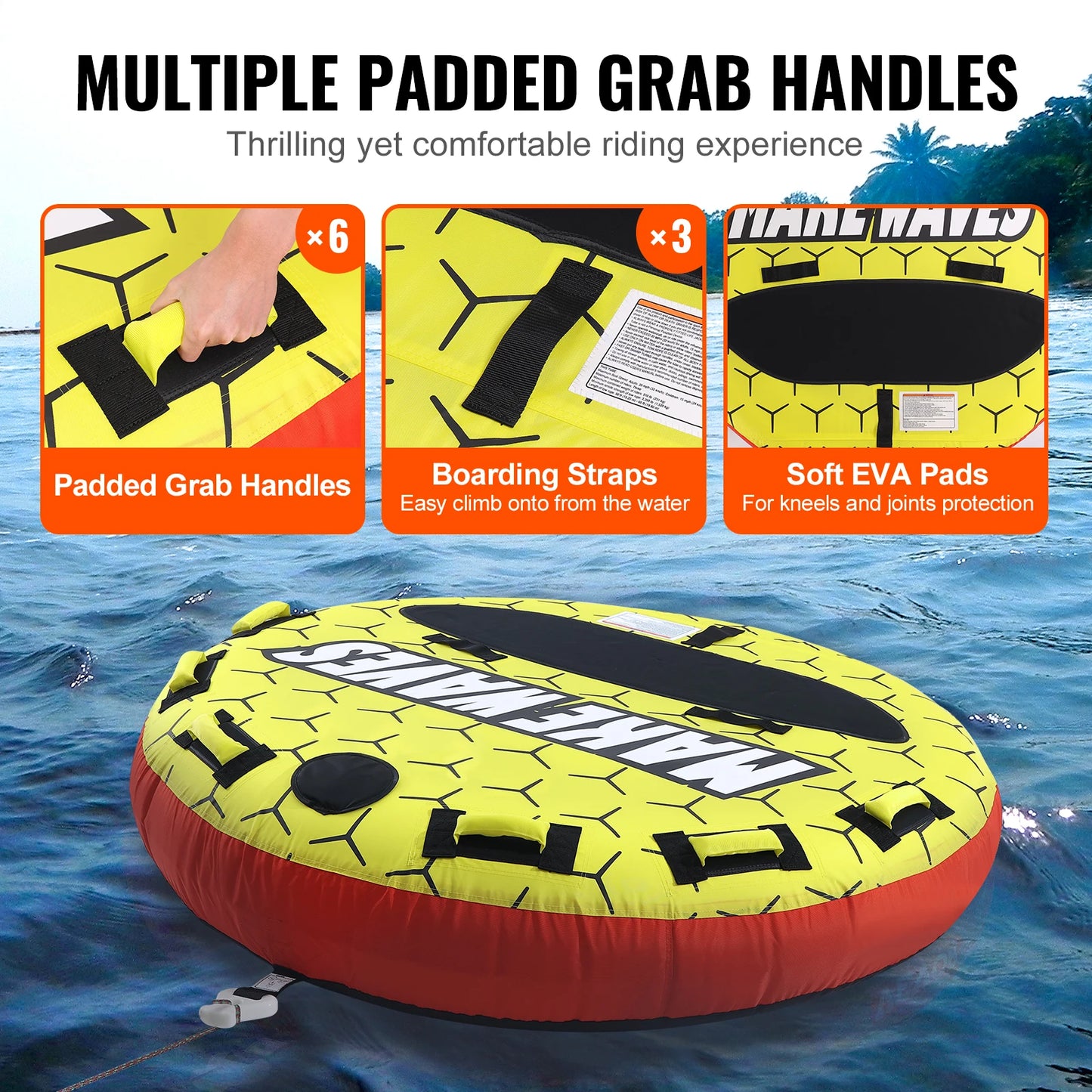 SucceBuy Towable Tube for Boating 1-3 People Inflatable Boat Tubes&Towables 63" Round Water Sport Towable Tube for Boat to Pull