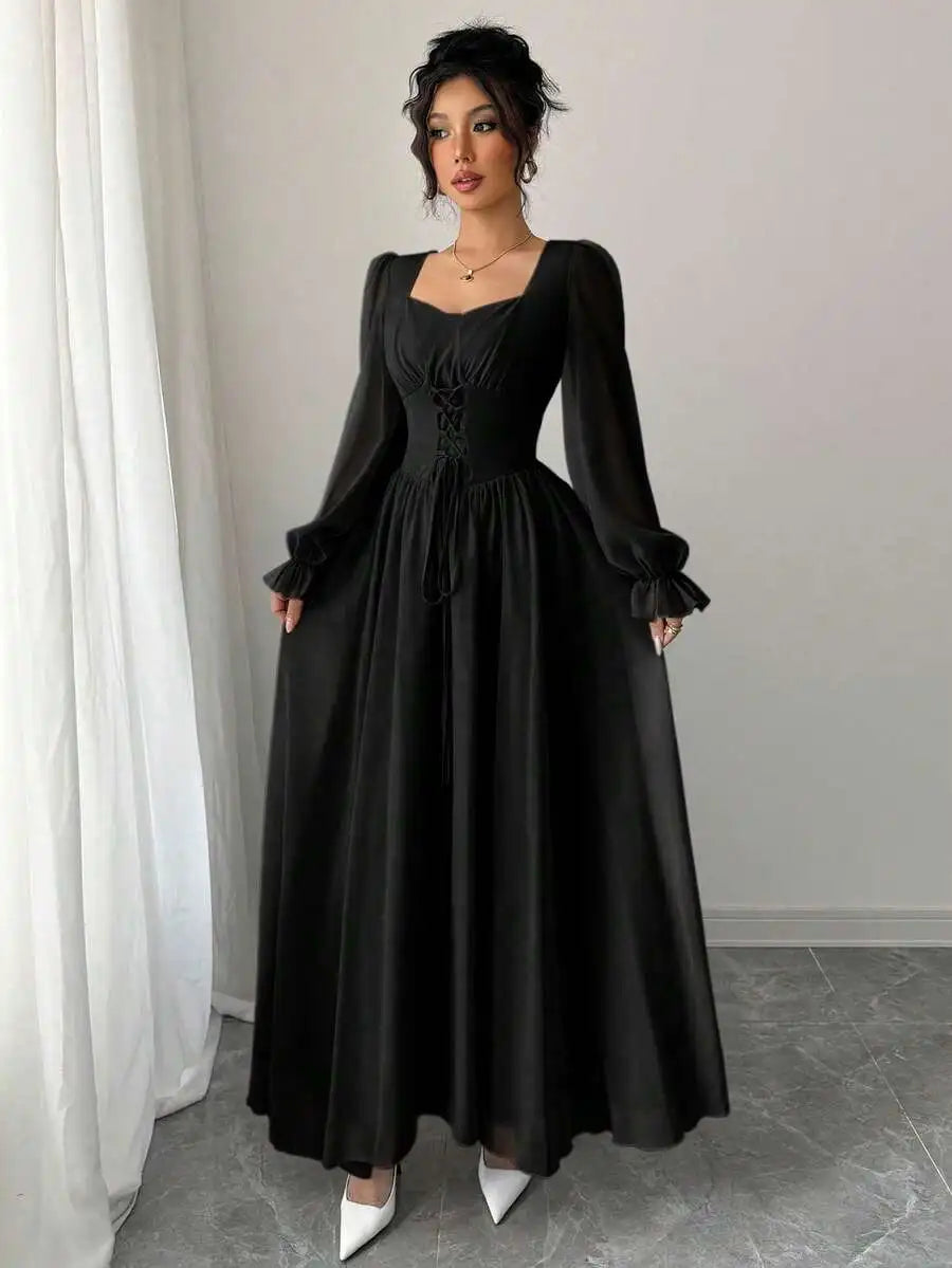 Elegant Blue Long Sleeve Maxi Dress with Corset Lace-Up Waist, Square Neck, Ruffled Cuffs for Spring Summer Events