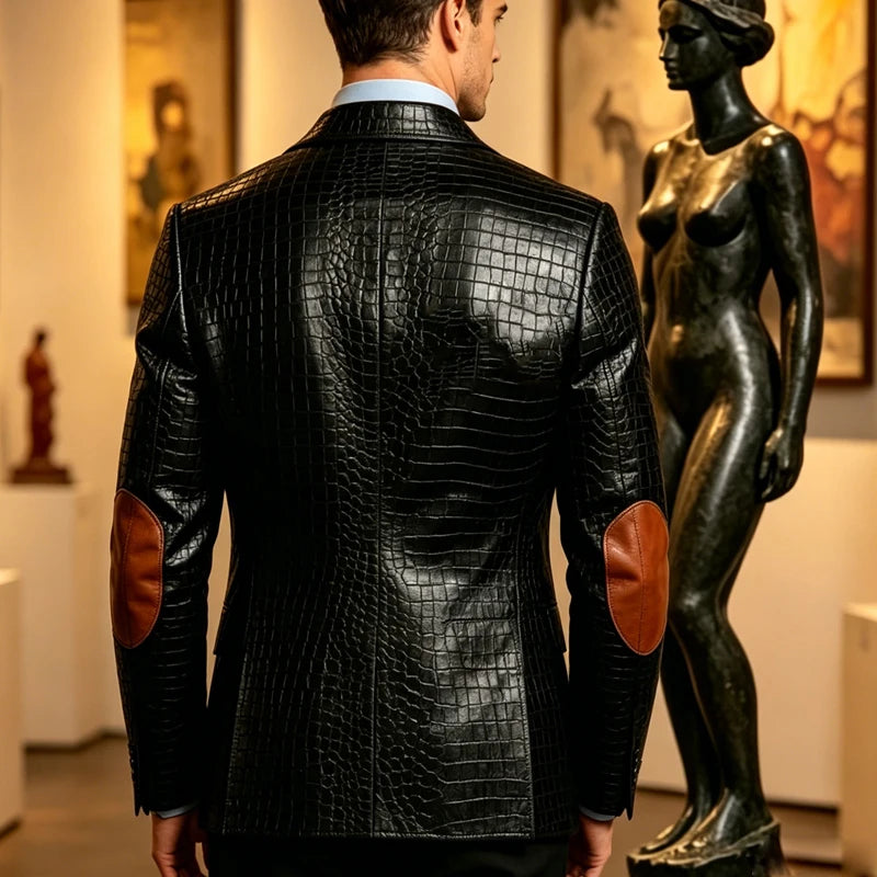 Luxury Men's Crocodile Embossed Leather Blazer Notched Lapel Elbow Patches 2 Button Slim Fit Jacket Business Casual For Wedding