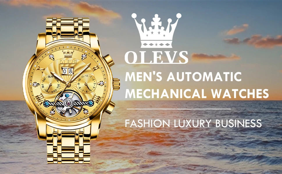 OLEVS Mechanical Watches Automatic Watch Men Waterproof Stainless Steel Strap Skeleton Gold Watch Male Wristwatch
