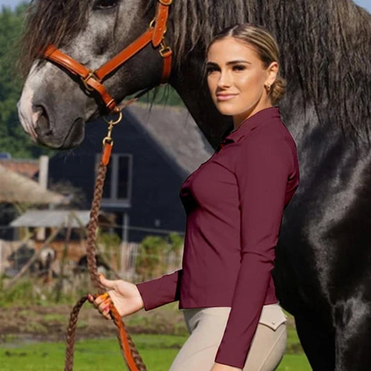 MXLLINA Burgundy Horse Riding T-Shirts Women Soft Equestrian Long Sleeve Tops Ladies Rider Show Base Layer T-shirt Wear Clothing