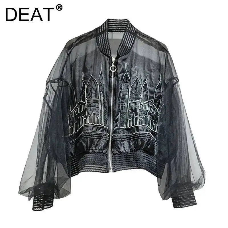 DEAT Women's Coat Stand Collar Zipper Casual Embroidery Perspective Lightweight Mesh Jackets 2026 Summer New Fashion 29A7383