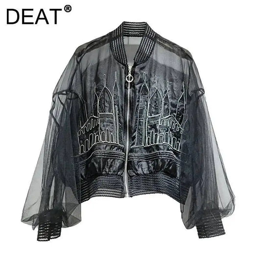 DEAT Women's Coat Stand Collar Zipper Casual Embroidery Perspective Lightweight Mesh Jackets 2026 Summer New Fashion 29A7383