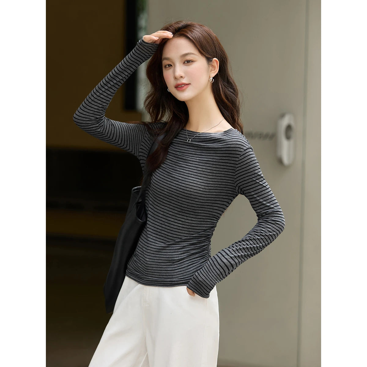 VIMLY Tops Woman 2026 Spring Fall Slash Neck Long Sleeve Ladies T-shirts Casual Knitted Slim Fit Strecth Female Tees A3039