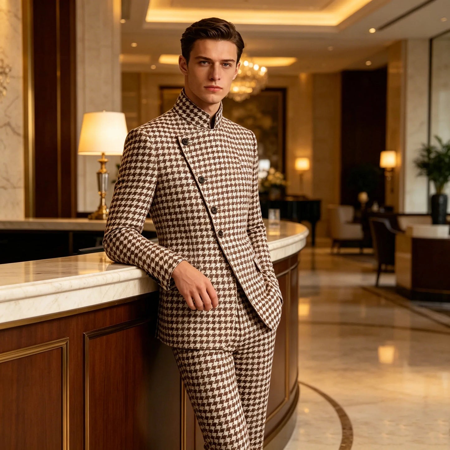 Elegant Men's Houndstooth Suit 2 Piece Mandarin Collar Slim Fit Fashion Jacket Pants Vintage Male Set For Formal Business Weddin