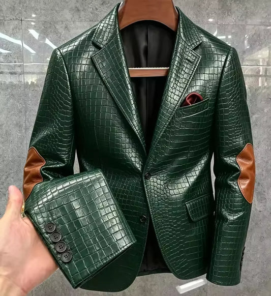 Luxury Men's Crocodile Embossed Leather Blazer Notched Lapel Elbow Patches 2 Button Slim Fit Jacket Business Casual For Wedding