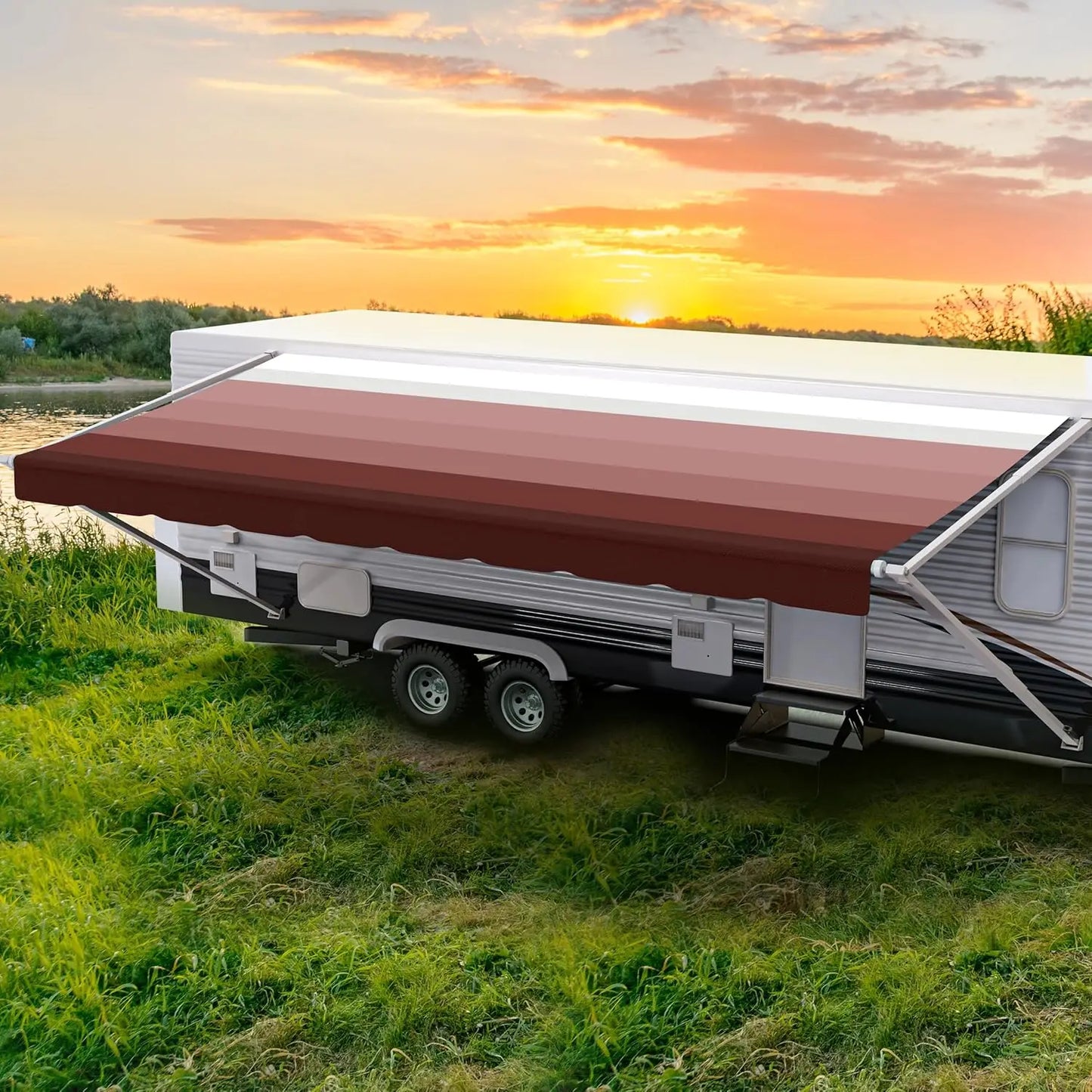 Weatherproof Vinyl RV Awning Fabric Replacement Universal Camper Trailer Canopy 17ft Fabric 16ft2in Brown, Custom