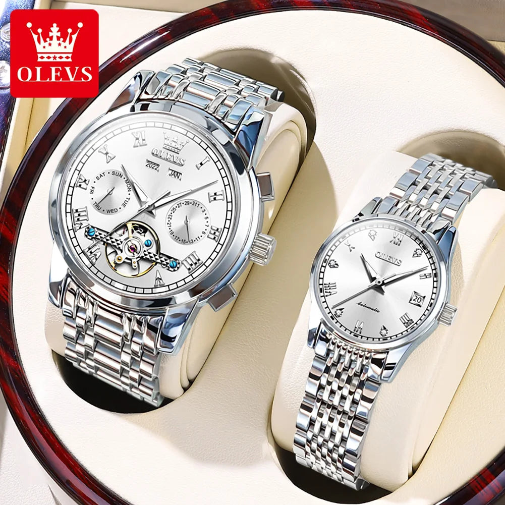 OLEVS 6607+6602 Original Men Women Watch Luxury Brand Tourbillon Mechanical Watch High end Romantic Lover Date Gift Couple Watch