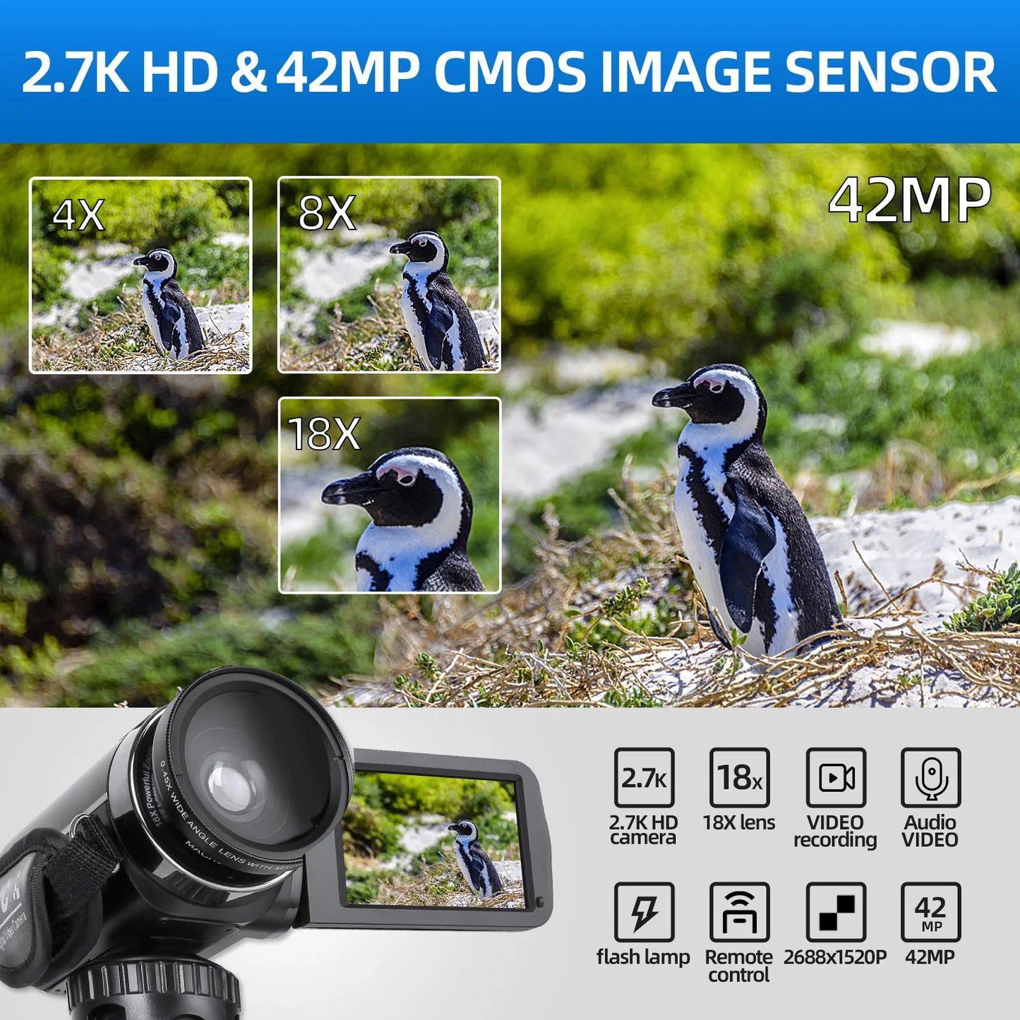 NBD 2.7K Video Camera 42MP Digital Camera Vlogging Camera for 3.0inch Flip Screen Camcorder with Remote Control