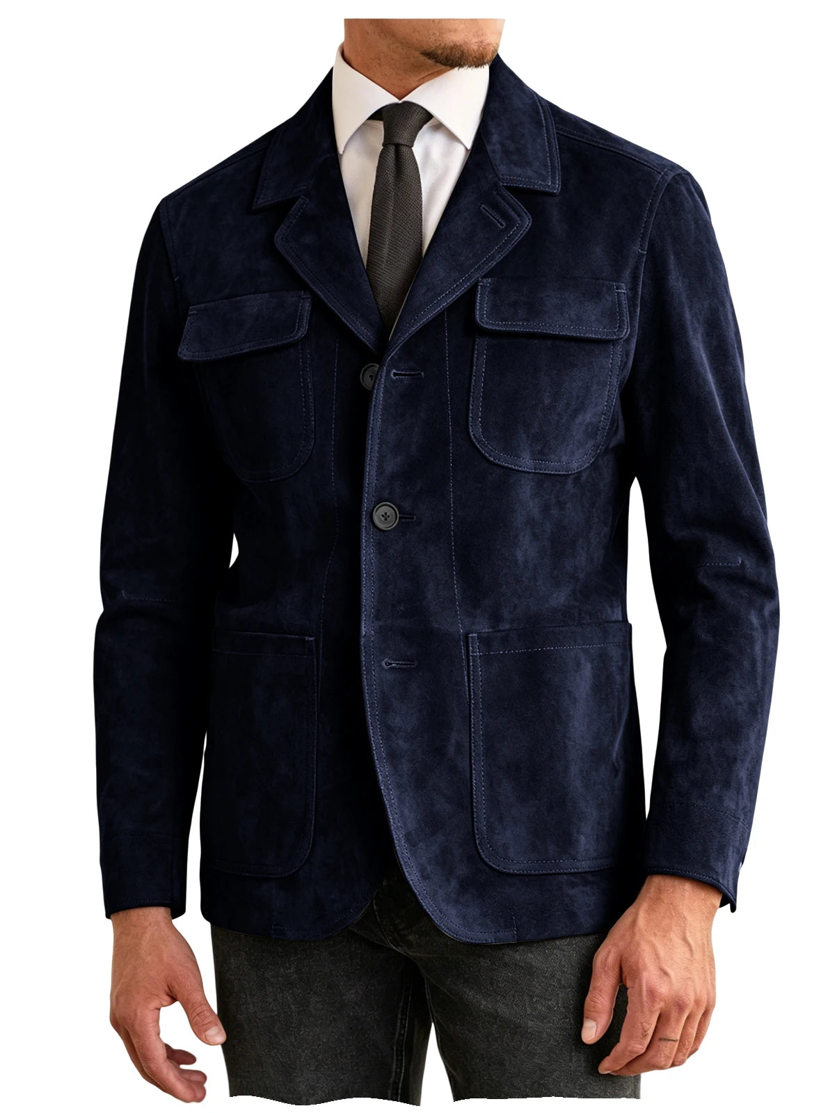 Men's Suede Safari Jacket Navy Slim Fit Fashion Multi-Pocket Notched Lapel Retro Casual Hunting Blazer For Business Daily Wear