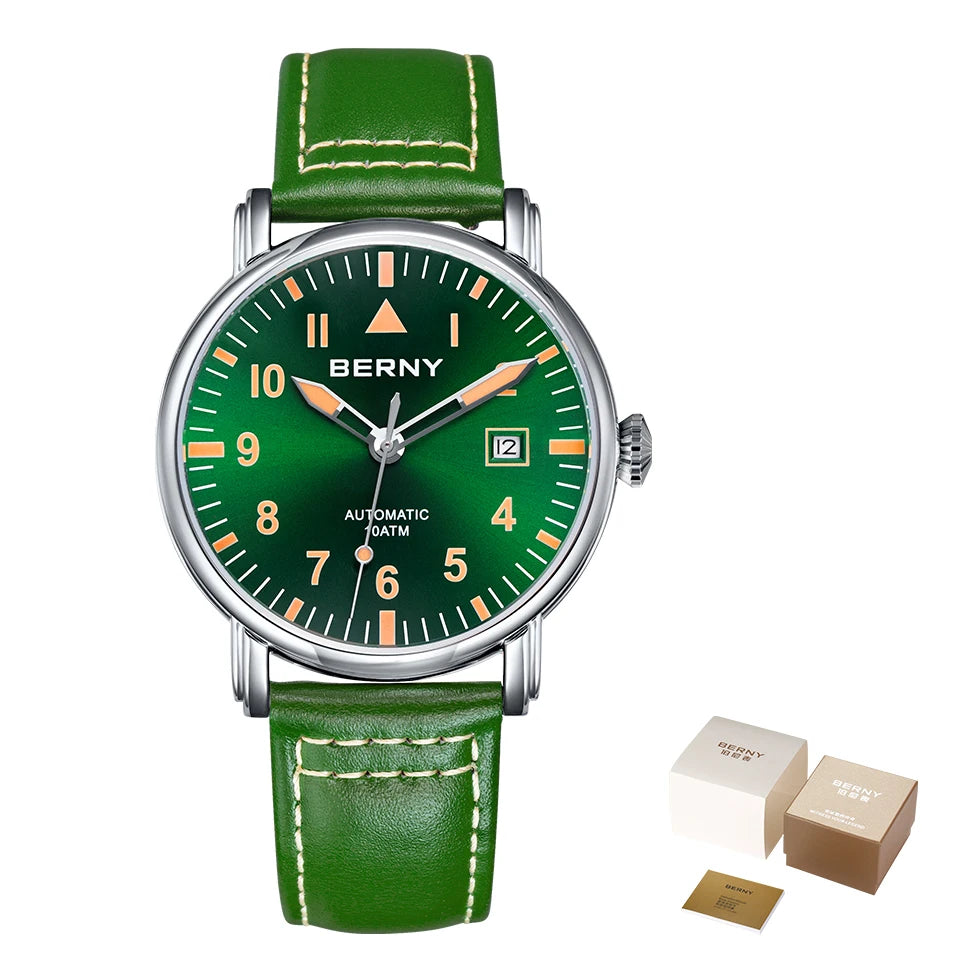 BERNY Aviation Automatic Watch Men Mechanical Luminous Army Military Classic Watch Sapphire Waterproof 100m Diver Wristwatch Men