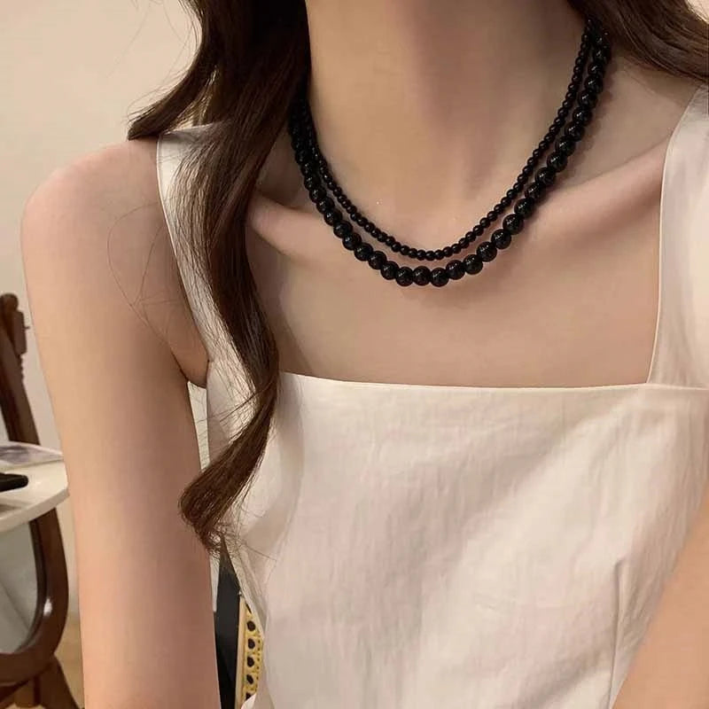 Fashion Punk Smooth Black Round Beads String Necklace for Women Men Unisex Acrylic Beads Choker Jewelry on The Neck Collar Gift