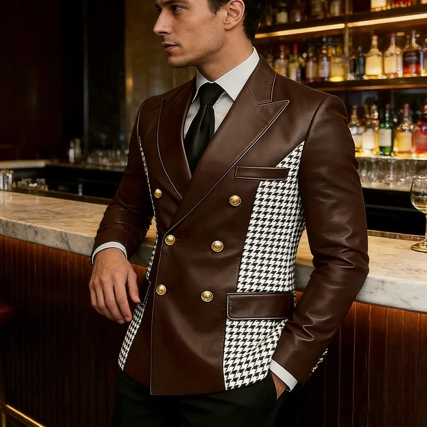 Men’s Brown Leather Blazer With Houndstooth Sides Vintage Two-Tone Double Breasted Slim Fit Gold Buttons Leather Tuxedo Jacket