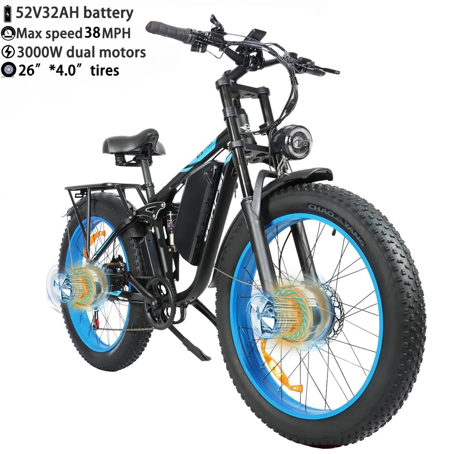 BAOLUJIE Peak 3000W/5000W Dual Motor Electric Bicycle  E-Bike for Adults，Electric Motorcycle 48V/52V Battery，Max Speed 38 MPH