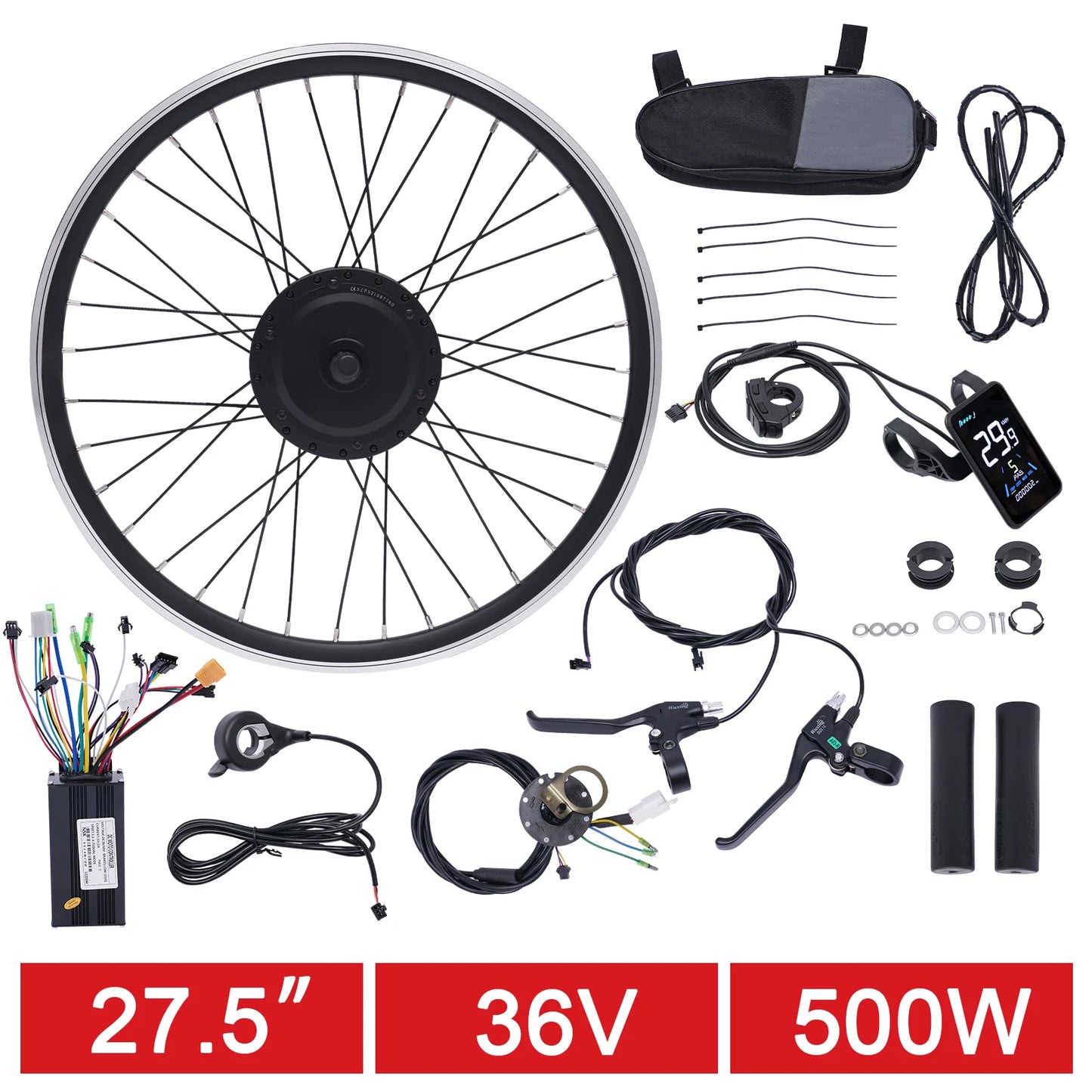 36V 500W Electric Bike Conversion Kit with LCD Display PAS Brake Levers Complete E-Bike Kit for 27.5"/700C Front Wheel
