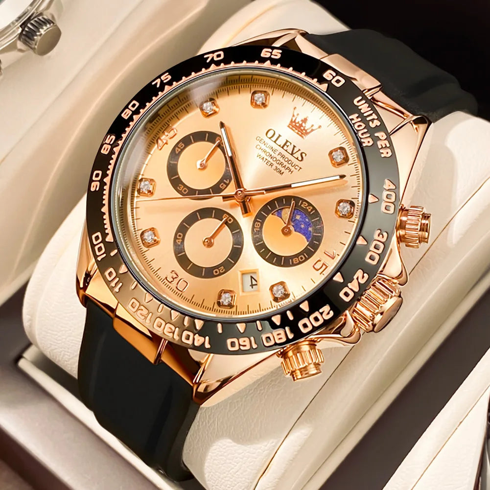 OLEVS Watches for Men Chronograph Analog Quartz Watch Moon Phase Silicone Diamond Waterproof Luminous Quartz Wrist Watches