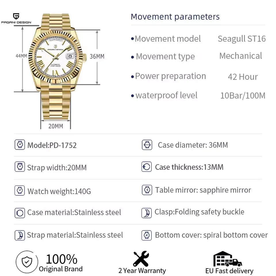 PAGANI DESIGN New Week Calendar Type Man watch ST16 Movt Waterproof Mechanical Watch 316L All Steel Luxury Luminous Men watch