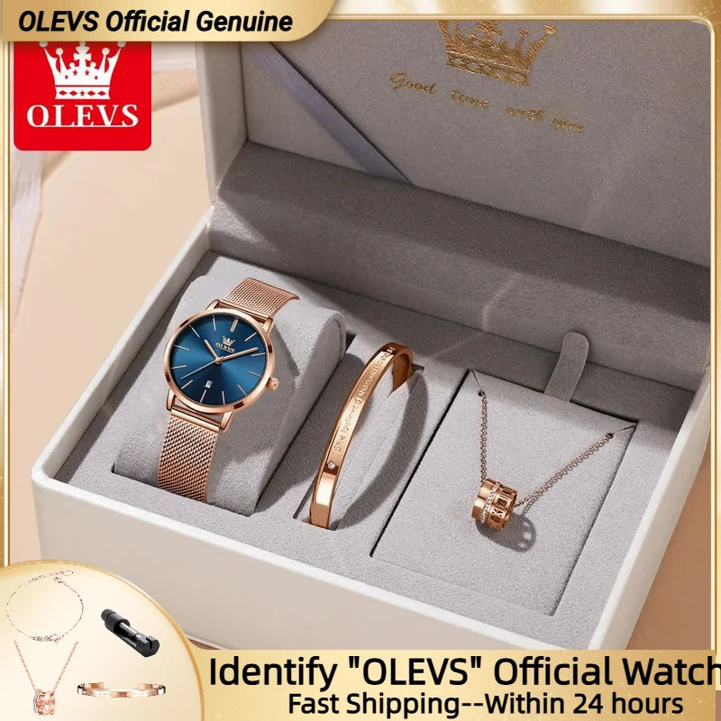 OLEVS Watch Women Rose Gold Top Brand Luxury JAPAN Movement Quartz Ultra Thin Ladies Watch Calendar Date Necklace Watch Set